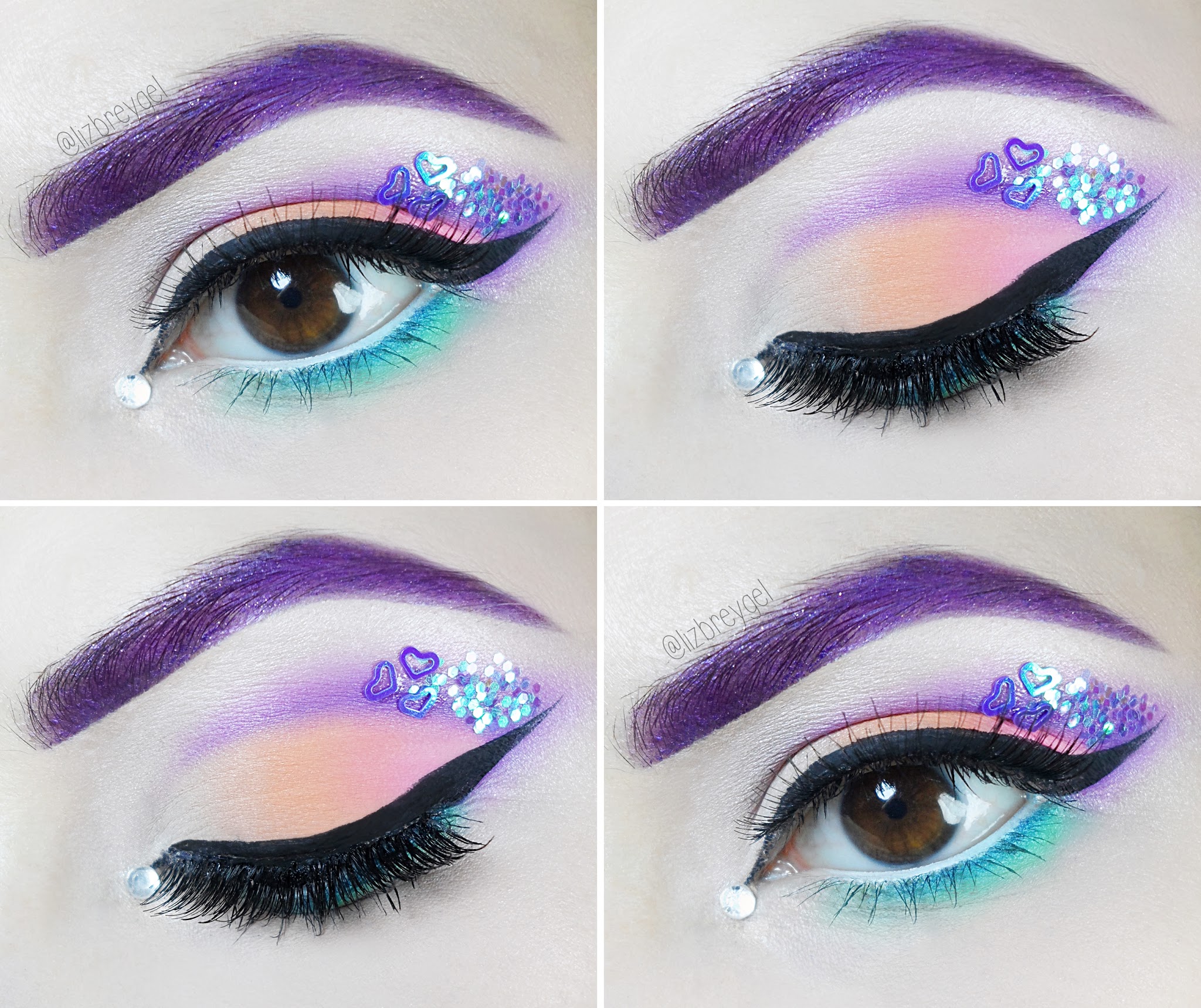 a close-up of an eye with a pastel unicor-inspired makeup look and eyeliner