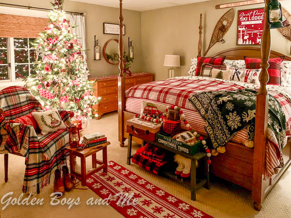 Ski Lodge style master bedroom with lodge style Christmas decor - www.goldenboysandme.com