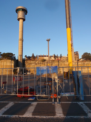 plein air oil painting of  the former East Darling Harbour Wharves about to be redeveloped into  Barangaroo Headland Park with the Harbour Tower painted by industrial heritage artist Jane Bennett