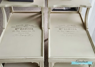 beige painted tiered end tables french typography graphic