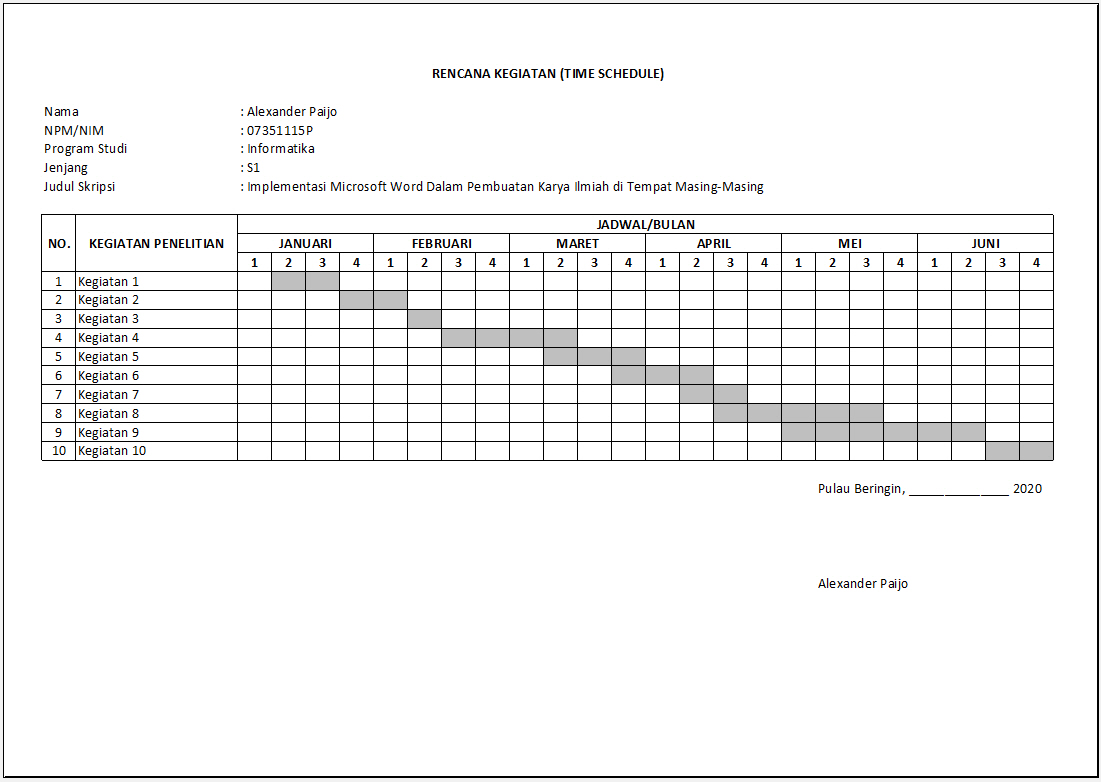 Membuat Lembar Rencana Kegiatan Time Schedule Penelitian Skripsi Menggunakan Excel Tutup Kurung