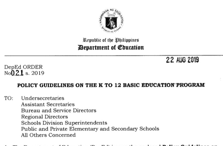2019 Policy Guidelines On The K To 12 Basic Education Program Deped