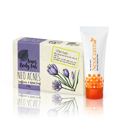 BỘ ĐÔI GIẢM MỤN MỜ THÂM LƯNG, BODY – XÀ PHÒNG SAFFRON 75G VÀ GEL NGHỆ NANO NEOCURMA 20G – NEO ACNES