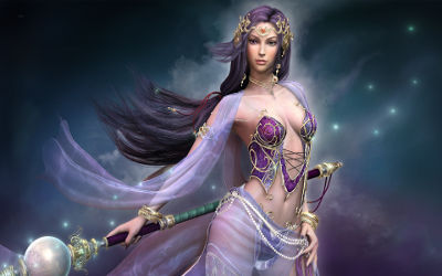 Femme Magicienne Sexy en Violet - Fond d'Écran en Full HD 1080p