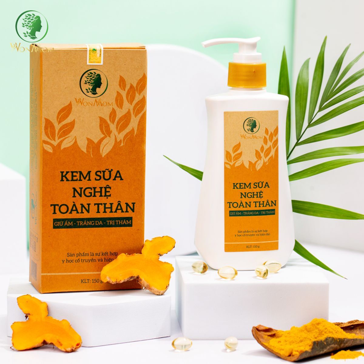 BỘ DƯỠNG TRẮNG HỒNG BODY TỰ NHIÊN, THẢO MỘC XÔNG KHỬ MÙI VÙNG KÍN WONMOM (1 KEM SỮA NGHỆ + 1 HỘP THẢO MỘC XÔNG VÙNG KÍN)
