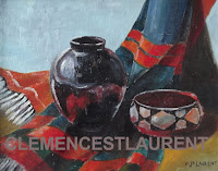 Poncho, vase et bols laqués mexicains - Mexicana, huile 8 x 10, 1960
