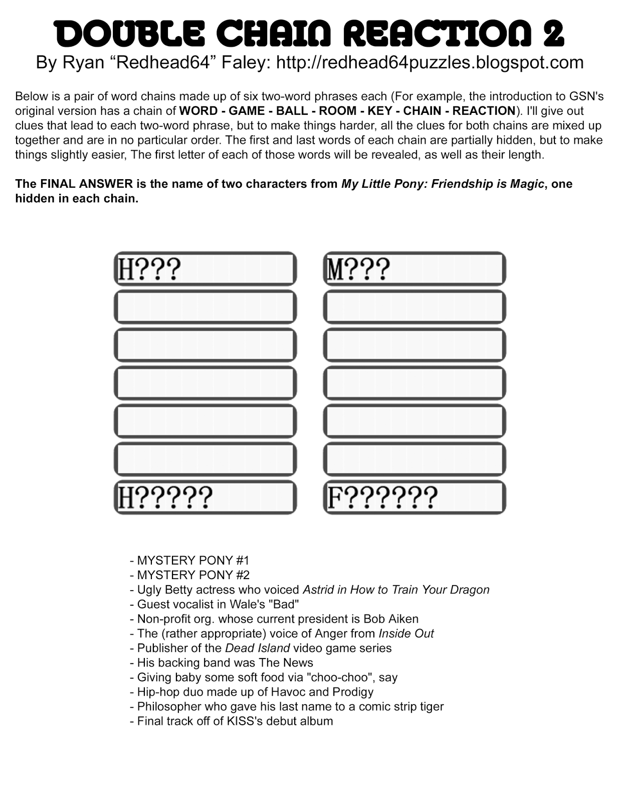 Redhead64's Obscure Puzzle Blog! PUZZLE 32 Double Chain Reaction 2