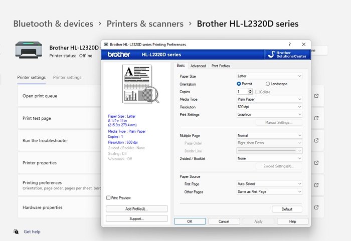 Параметры печати Windows Printer