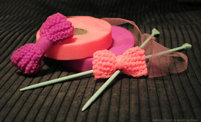 Knitted nylon net hair bows, pink & purple