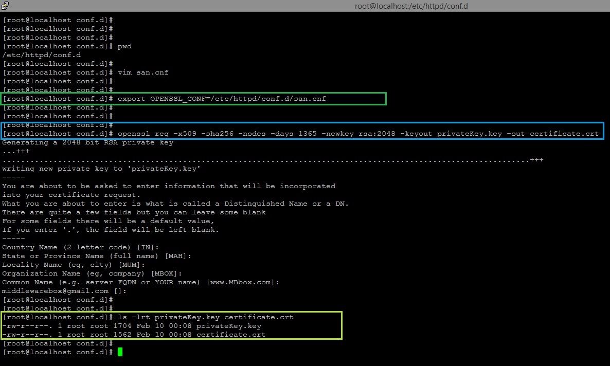 MiddlewareBox Openssl Self Signed SAN s Certificate