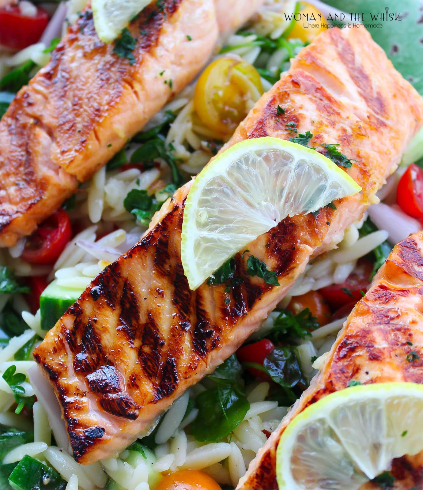 Woman and the Whisk Grilled Salmon Orzo Salad