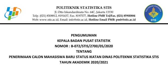 Persyaratan Tata Cara Pendaftaran Mahasiswa Baru Stis Tahun 2020 Khusus Ikatan Dinas Tahun Akademik 2020 2021