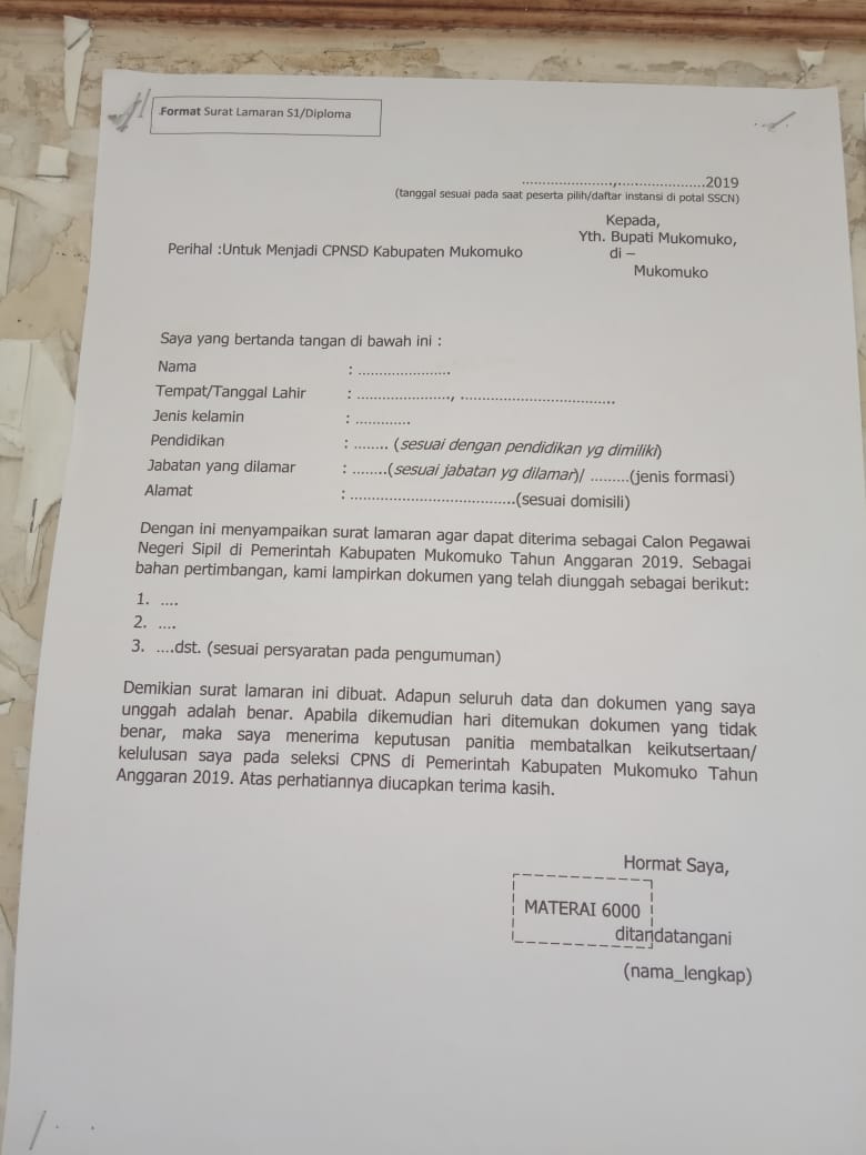 Surat lamaran CPNS Kabupaten Mukomuko untuk S1 SEMUA SURAT