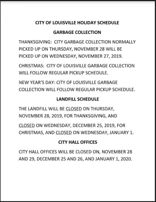 Mayor's Updates City of Louisville Holiday Schedule