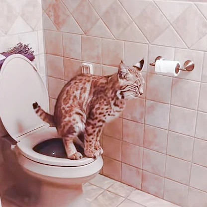 Bobcat peeing and pooping in a human toilet