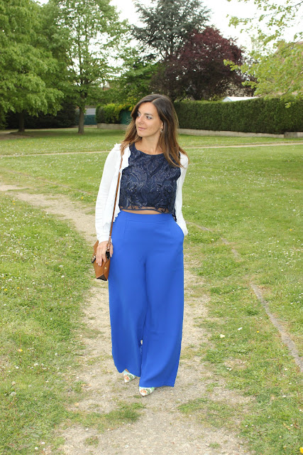 pantalon suncoo large bleu, top zara, les petites bulles de ma vie