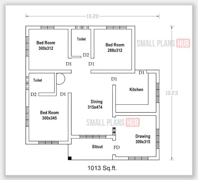 1013 Sq.ft. 3 Bedroom Single Floor Plan and Elevation