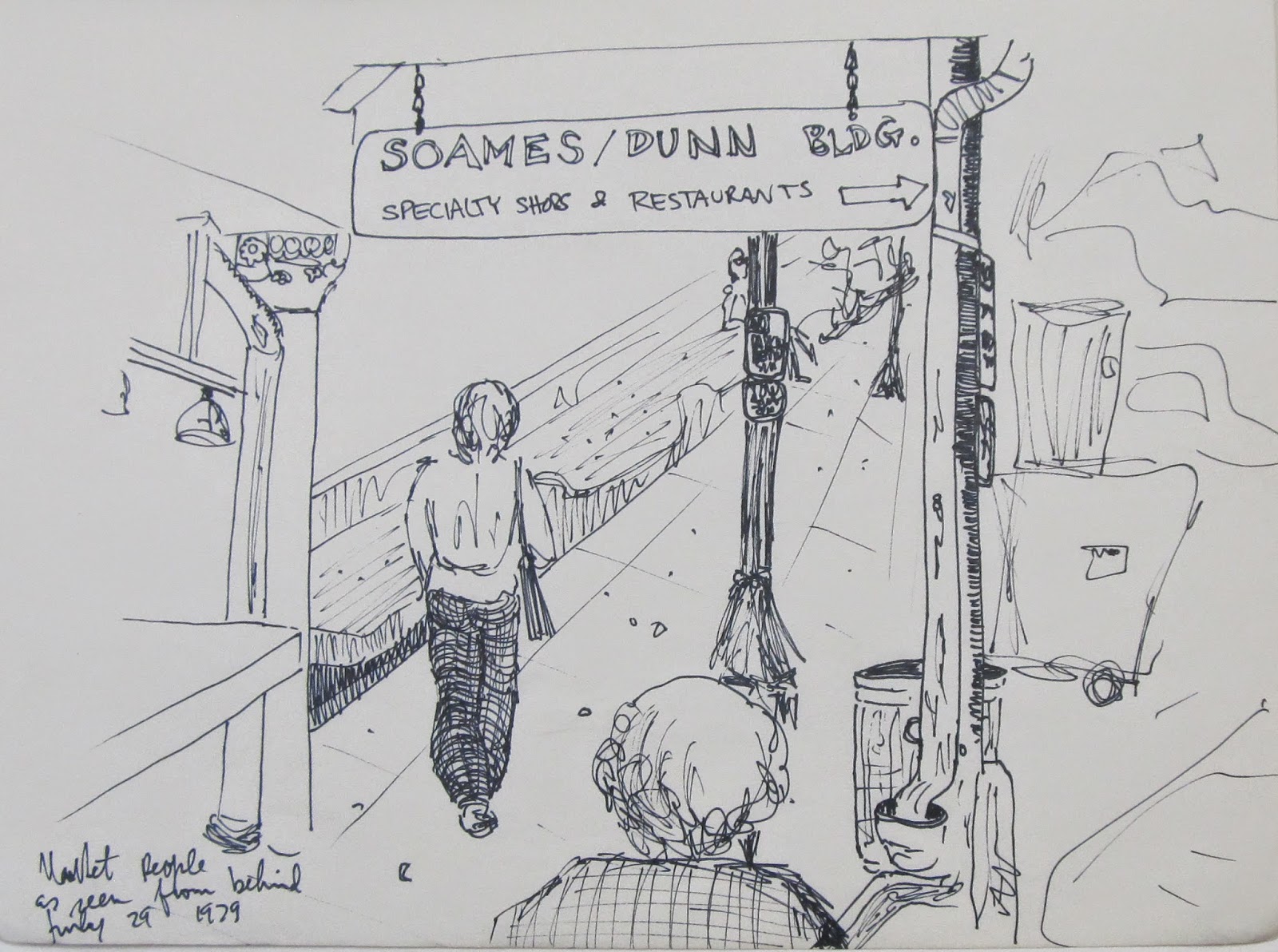 "Market People, Pike Place Market, Seattle." 8.5 x 11 inches. Pen and Ink. 1979