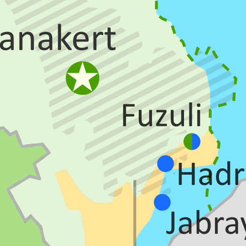 Nagorno-Karabakh control map, showing territorial claims and control in the new Azerbaijan-Armenia war, including the self-proclaimed Republic of Artsakh. Updated to October 2, 2020, showing claimed Azerbaijani advances around the edges of the disputed territory. Colorblind accessible.