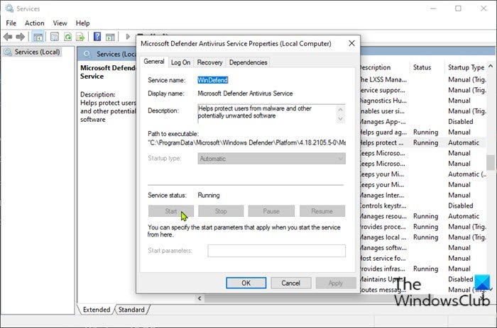 Compruebe el servicio de Windows Defender