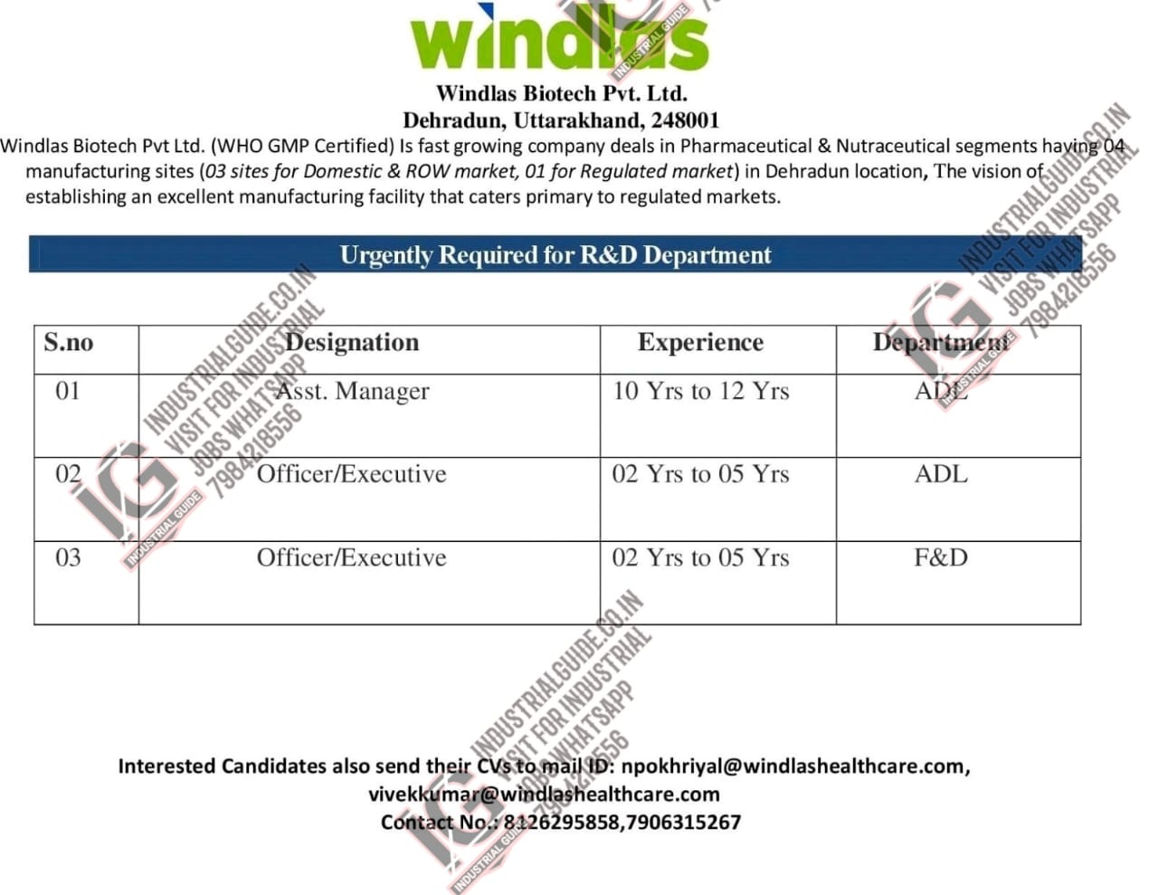 Windlas Biotech jobs for Production Quality Control Quality Assurance