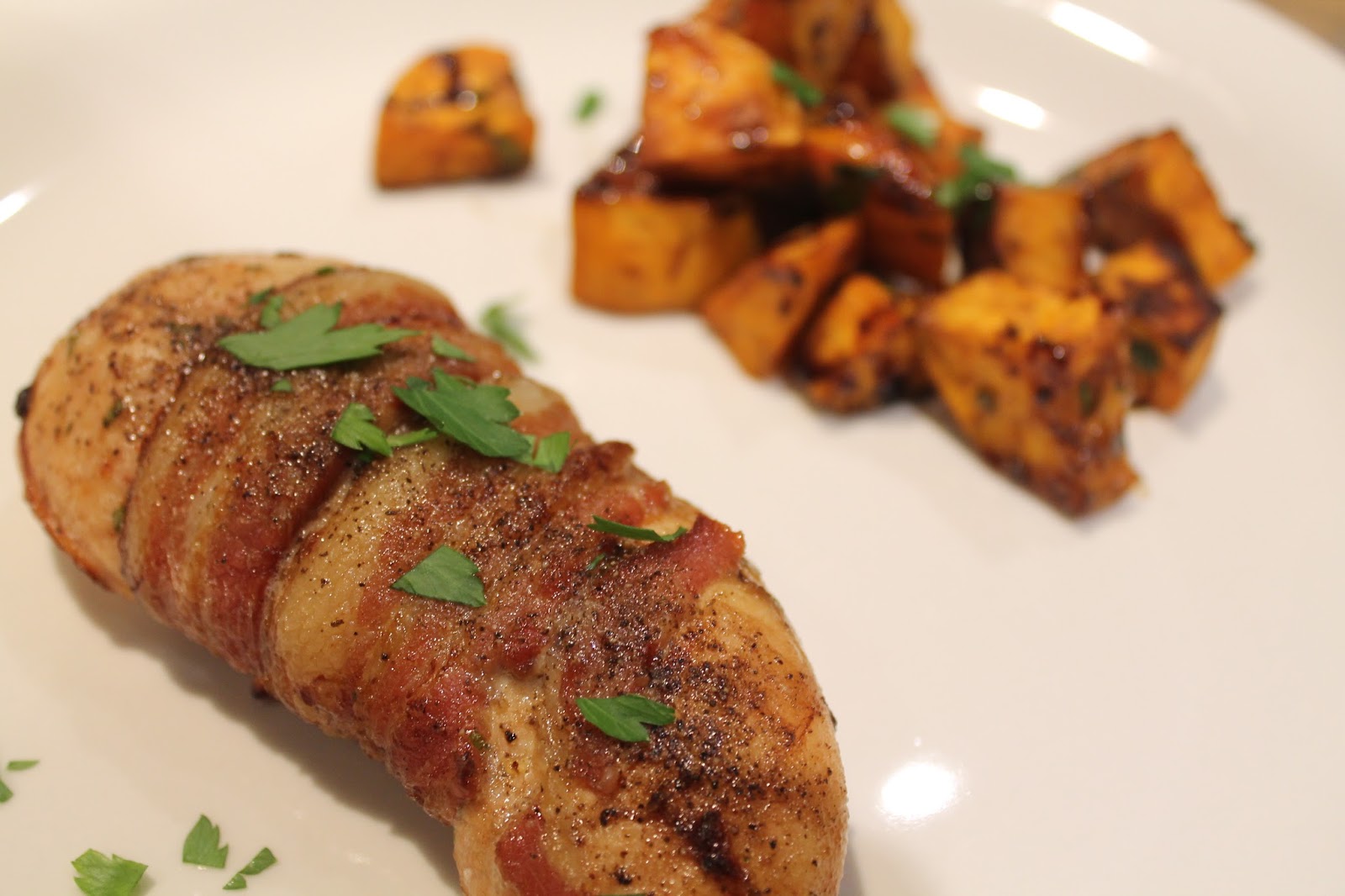 Cleverlicious Bacon and Balsamic Chicken with Tangy Sweet Potatoes