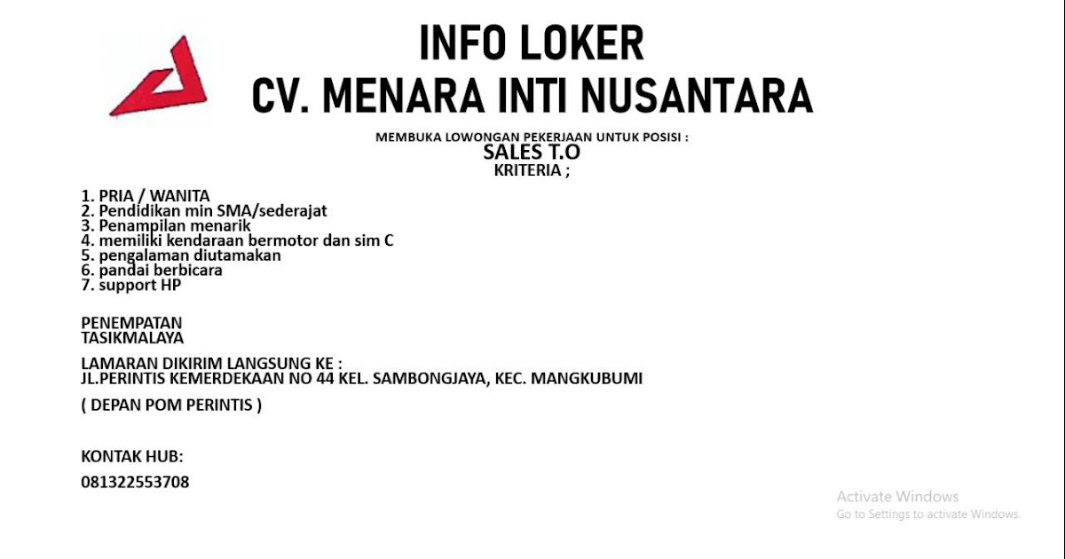 INFO LOKER CV. MENARA INTI NUSANTARA TASIKMALAYA