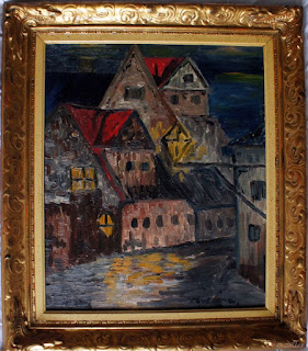 Målning, hus natt, kanske Carl Kylberg.
