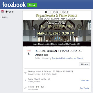 Facebook events: REUBKE ORGAN SONATA & PIANO SONATA - Double Bill - Imre Olah & Anastasia Rizikov, Toronto