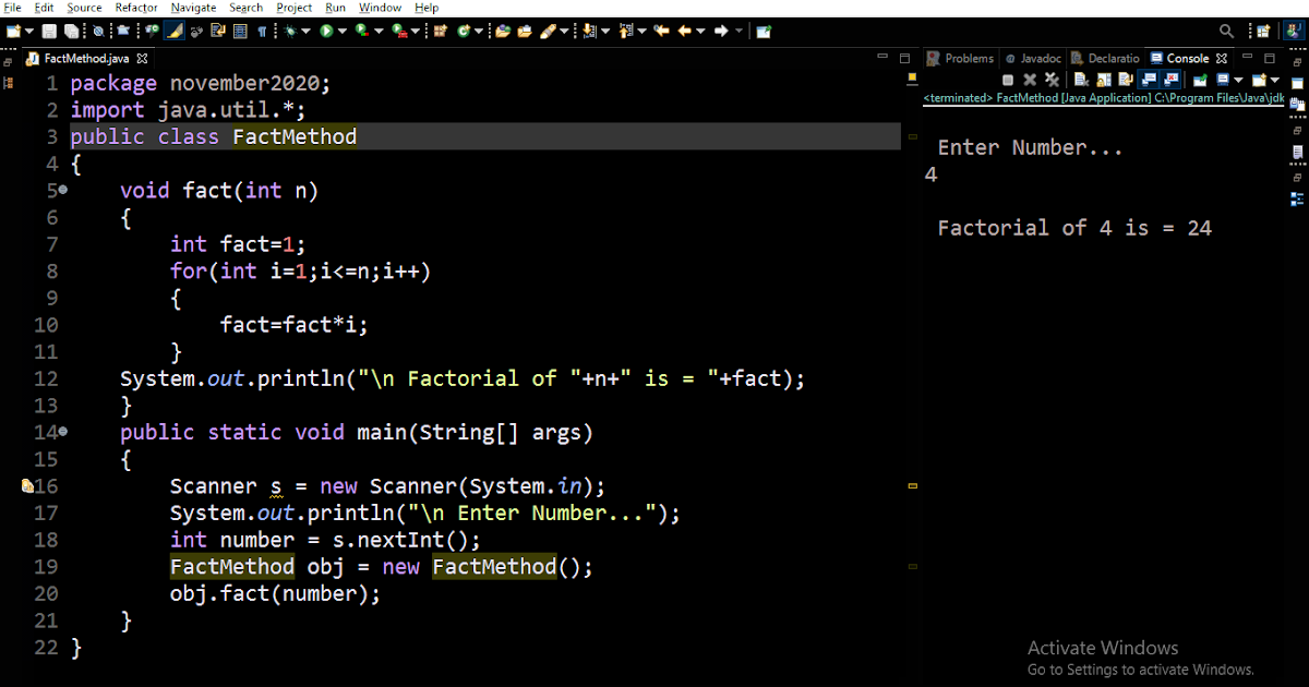 Basic Java Programs: Factorial of Number using Method