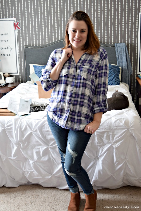 Stitch Fix Review #1 - Purple flannel top and distressed skinny jeans