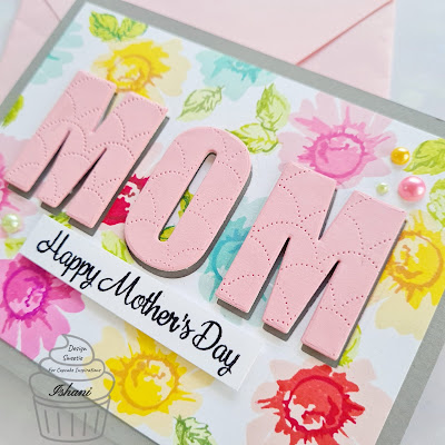 Mother's day card, Altenew daisy stamp card, altenew caps bold alphabet dies card, card for mom, Altenew scales debossed cover plate, quillish