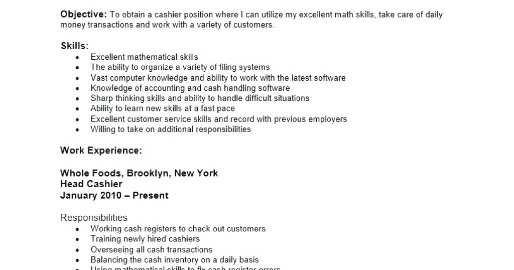 Head Cashier Resume Sample 2019 Head Cashier Resume Job Description 2020