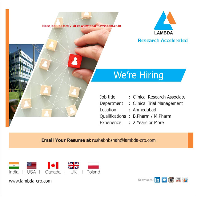 Lambda Therapeutic Research Ltd hiring for Clinical Research Associates