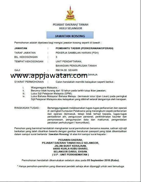 Jawatan Kosong Di Pejabat Daerah Tanah Hulu Selangor 5 September 2018 Appjawatan Malaysia