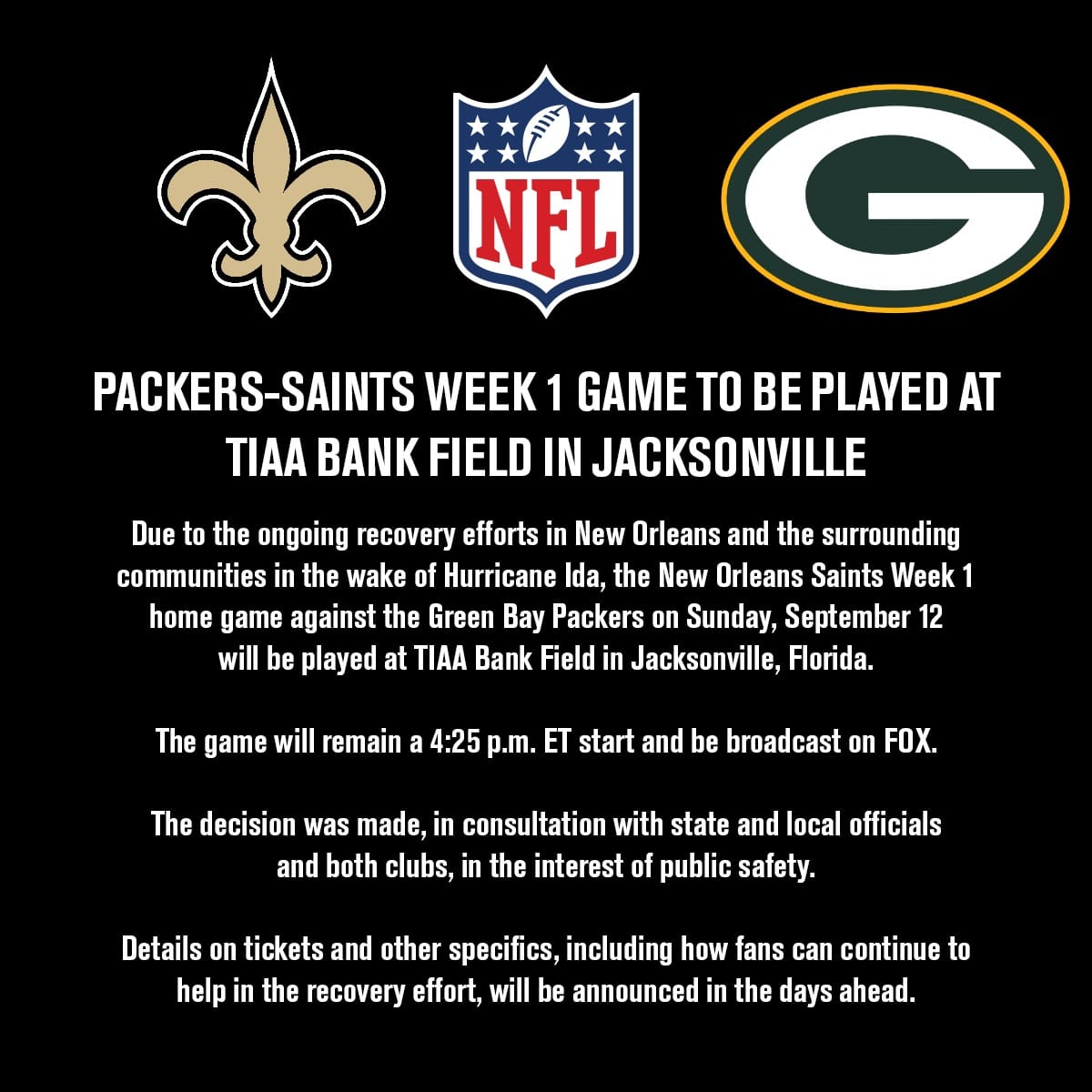 Packers-Saints week 1 Game to be played at tiaa bank field in jacksonville