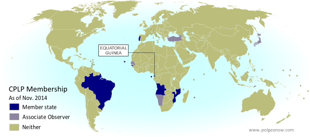 Map of the Community of Portuguese Language Countries (CPLP), including both member states and associated observers. Updated for the July 2014 summit, which admitted new member Equatorial Guinea and new associate observers Georgia, Japan, Namibia, and Turkey (colorblind accessible).