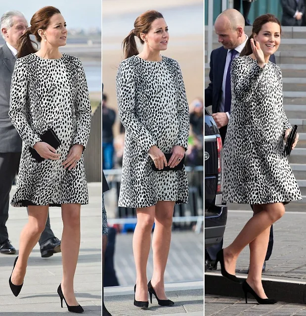 Kate Middleton wore HOBBS Animal Print Coat, ANNOUSHKA Earrings, STUART WEITZMAN pumps, MULBERRY Clutch Bag