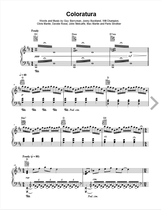 Piano Sheet Music. Piano Notes. Coldplay Coloratura Piano Sheet Music