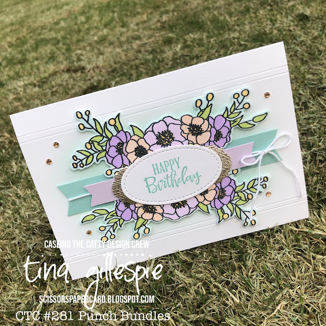 scissorspapercard, Stampin' Up!, CASEing The Catty, Peaceful Blooms, Bloom and Grow, Subtle 3DEF, Budding Blooms Dies, Stitched Shapes Dies, Stampin' Blends, Banners Pick A Punch, Champagne Foil