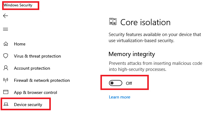 Turn off Memory Integrity Core Isolation Windows Security