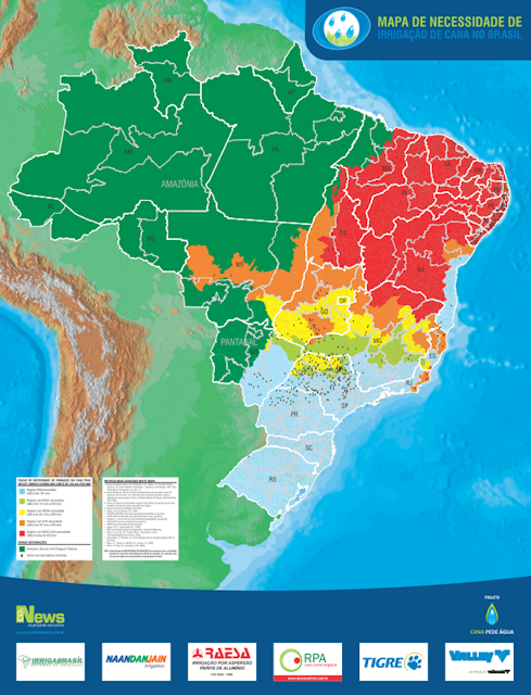 Mapa de necessidade de Irrigação de cana no Brasil