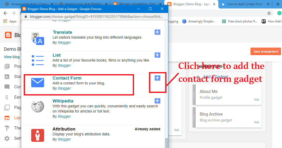 Click on the + sign to add the contact form gadget from the list of gadgets How To Create Contact Us Page In Blogger Blog