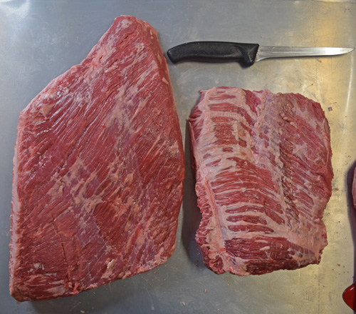 Brisket trimmed into the flat (left) and point (right)