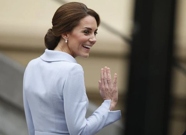 Kate Middleton wore the Catherine Walker dress in pale blue, GIANVITO ROSSI Suede Pumps, LK BENNETT Nina Clutch bag