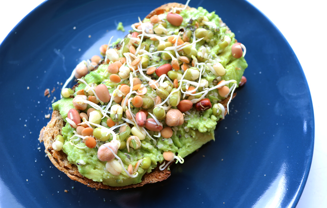 Avocado on Sourdough Toast with Lentil Sprouts & Seeds