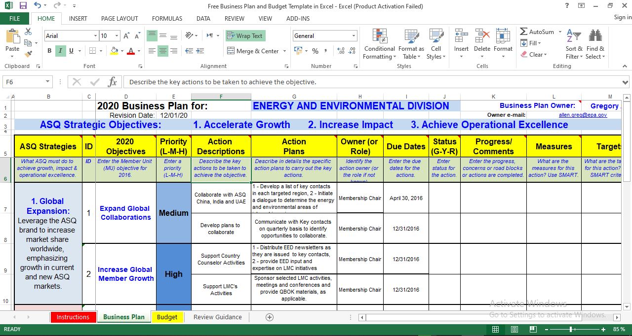 business plan excel simple