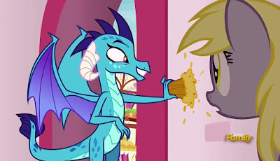 Ember mushes Derpy's muffin against the wall