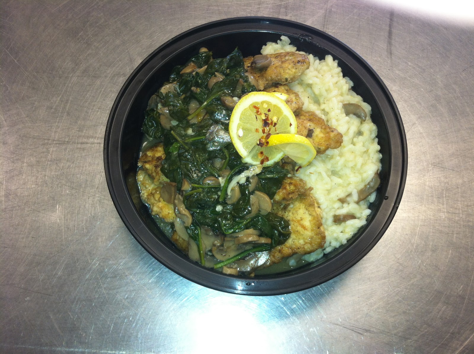 The Mad Greek Chicken Florentine on Mushroom Risotto
