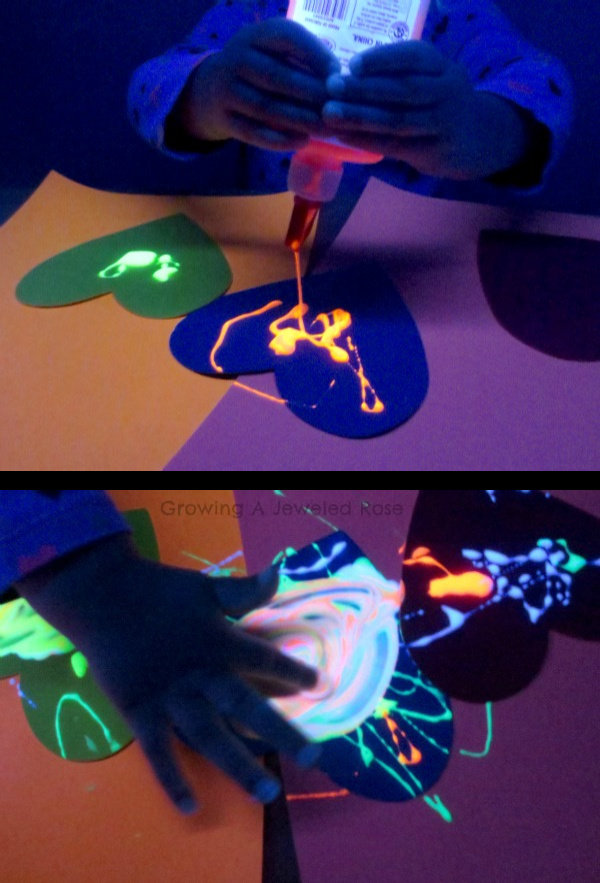 Make your own glowing rainbow glue for kids arts and crafts using this easy recipe! #growingajeweledrose #activitiesforkids #glowingglue #rainbowglue #rainbowglueart #homemadeglue #homemadegluerecipe #glowinthedarkglueprojects #gluecrafts #gluecraftsforkids #glueart #glueartforkids